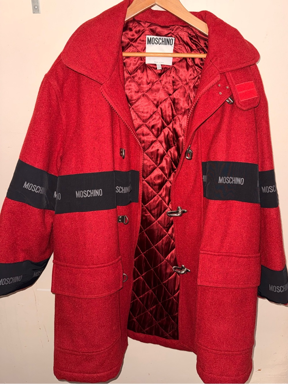 Moschino Red Quilted Lined Pea Coat with Black Logo Bands